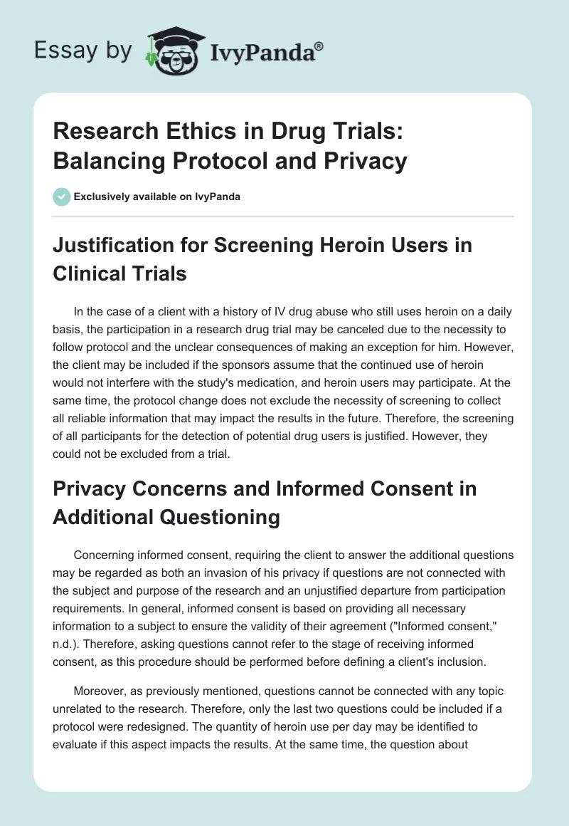 Research Ethics in Drug Trials: Balancing Protocol and Privacy. Page 1