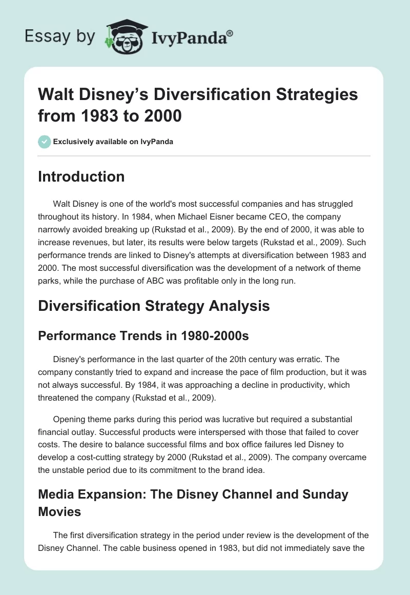 Walt Disney’s Diversification Strategies from 1983 to 2000. Page 1