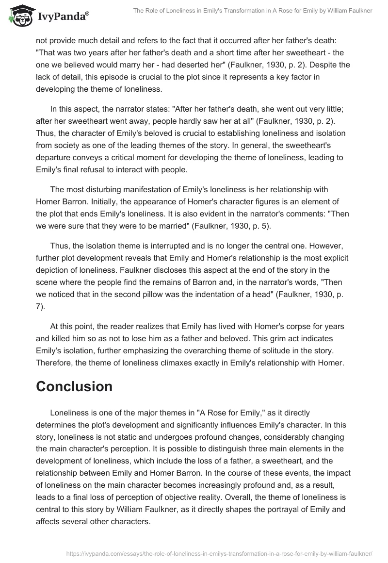 The Role of Loneliness in Emily's Transformation in "A Rose for Emily" by William Faulkner. Page 2