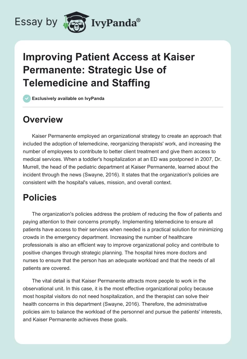 Improving Patient Access at Kaiser Permanente: Strategic Use of Telemedicine and Staffing. Page 1