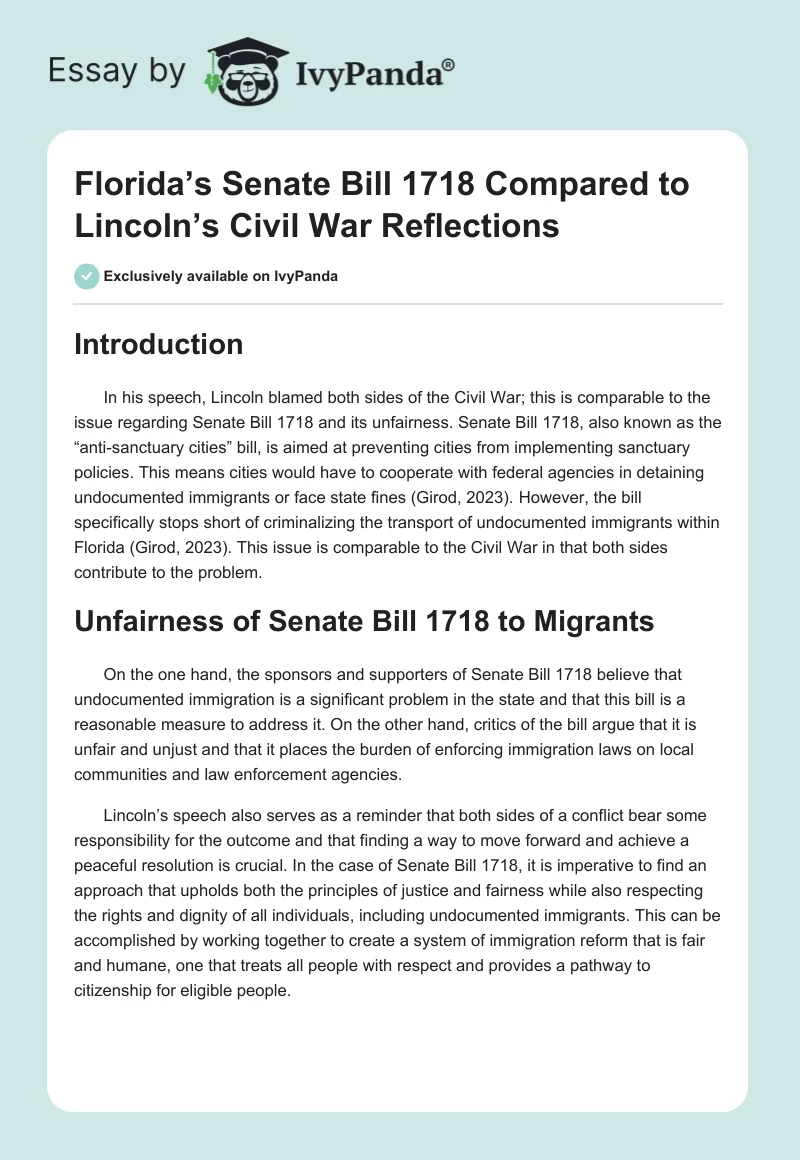 Florida’s Senate Bill 1718 Compared to Lincoln’s Civil War Reflections. Page 1
