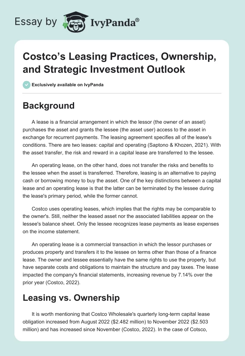 Costco’s Leasing Practices, Ownership, and Strategic Investment Outlook. Page 1