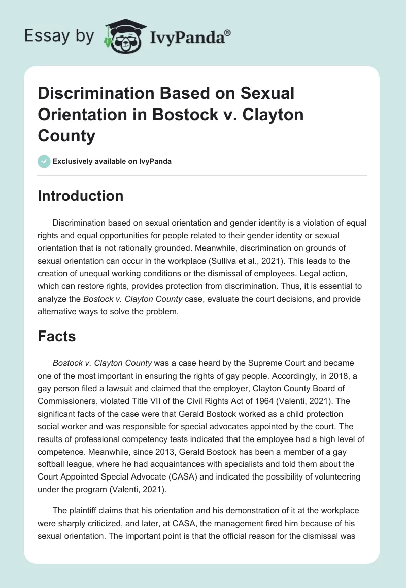 Discrimination Based on Sexual Orientation in Bostock v. Clayton County. Page 1