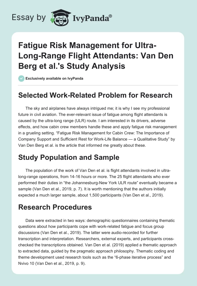 Fatigue Risk Management for Ultra-Long-Range Flight Attendants: Van Den Berg et al.'s Study Analysis. Page 1