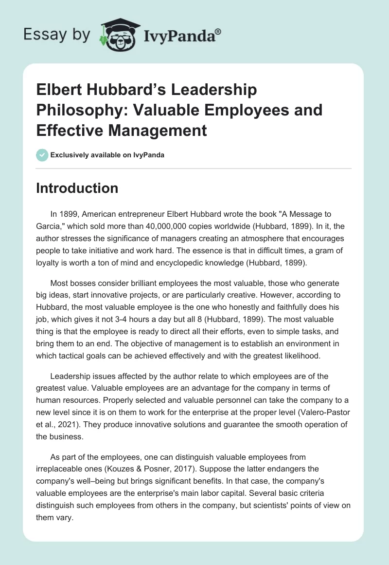 Elbert Hubbard’s Leadership Philosophy: Valuable Employees and Effective Management. Page 1