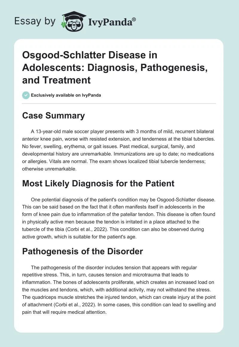 Osgood-Schlatter Disease in Adolescents: Diagnosis, Pathogenesis, and Treatment. Page 1