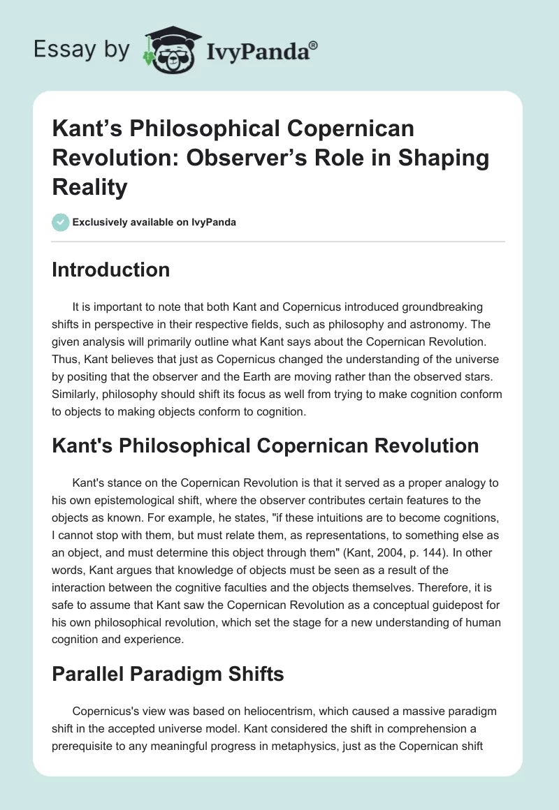Kant’s Philosophical Copernican Revolution: Observer’s Role in Shaping Reality. Page 1