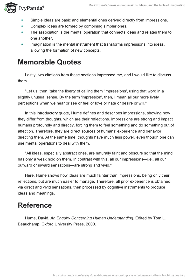 David Hume's Views on Impressions, Ideas, and the Role of Imagination. Page 2
