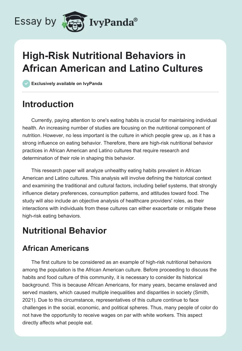 High-Risk Nutritional Behaviors in African American and Latino Cultures. Page 1