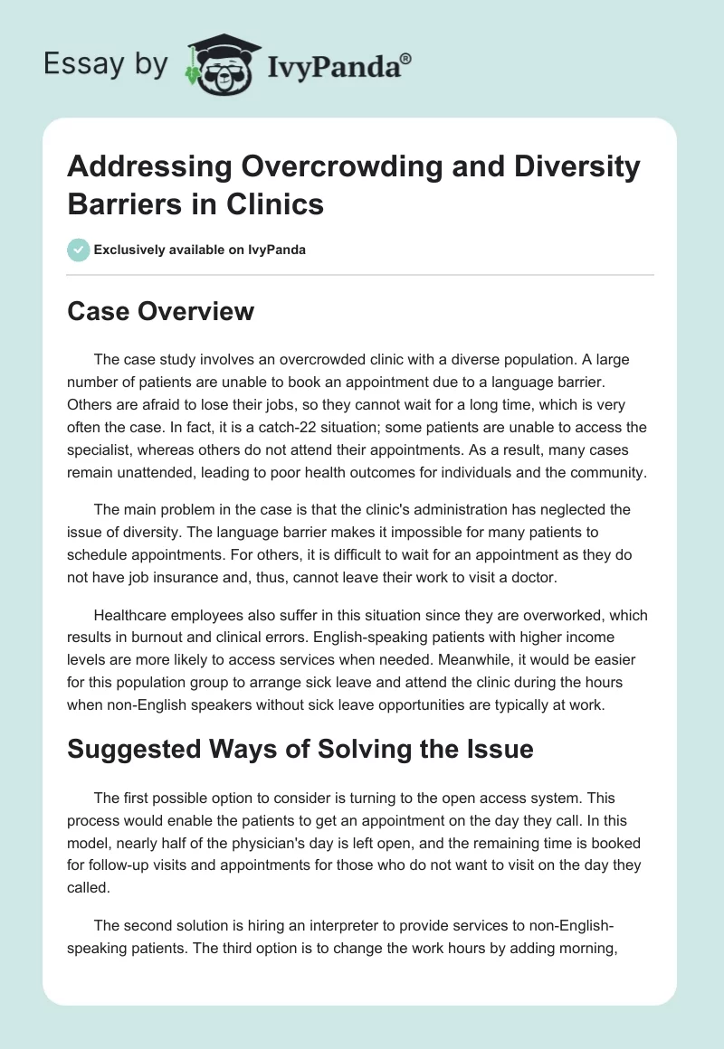 Addressing Overcrowding and Diversity Barriers in Clinics. Page 1