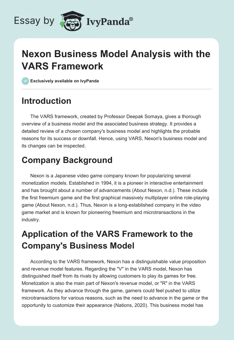 Nexon Business Model Analysis with the VARS Framework. Page 1