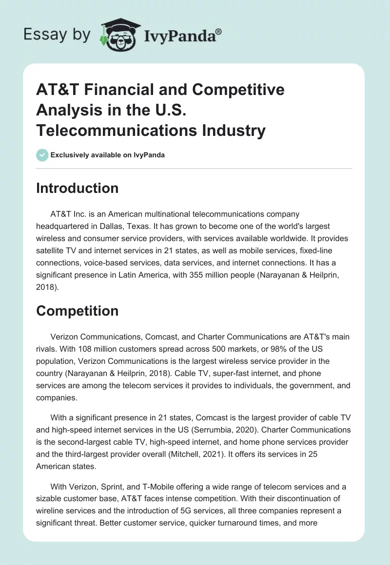 AT&T Financial and Competitive Analysis in the U.S. Telecommunications Industry. Page 1