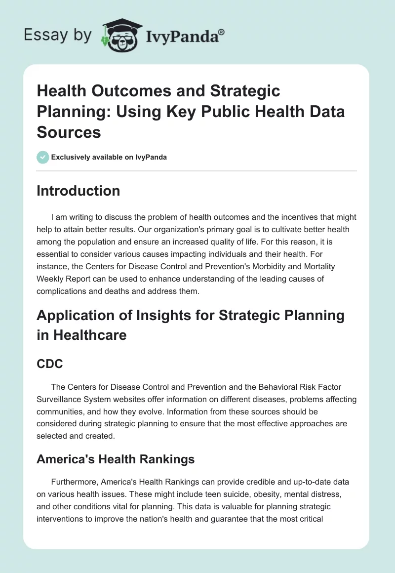 Health Outcomes and Strategic Planning: Using Key Public Health Data Sources. Page 1