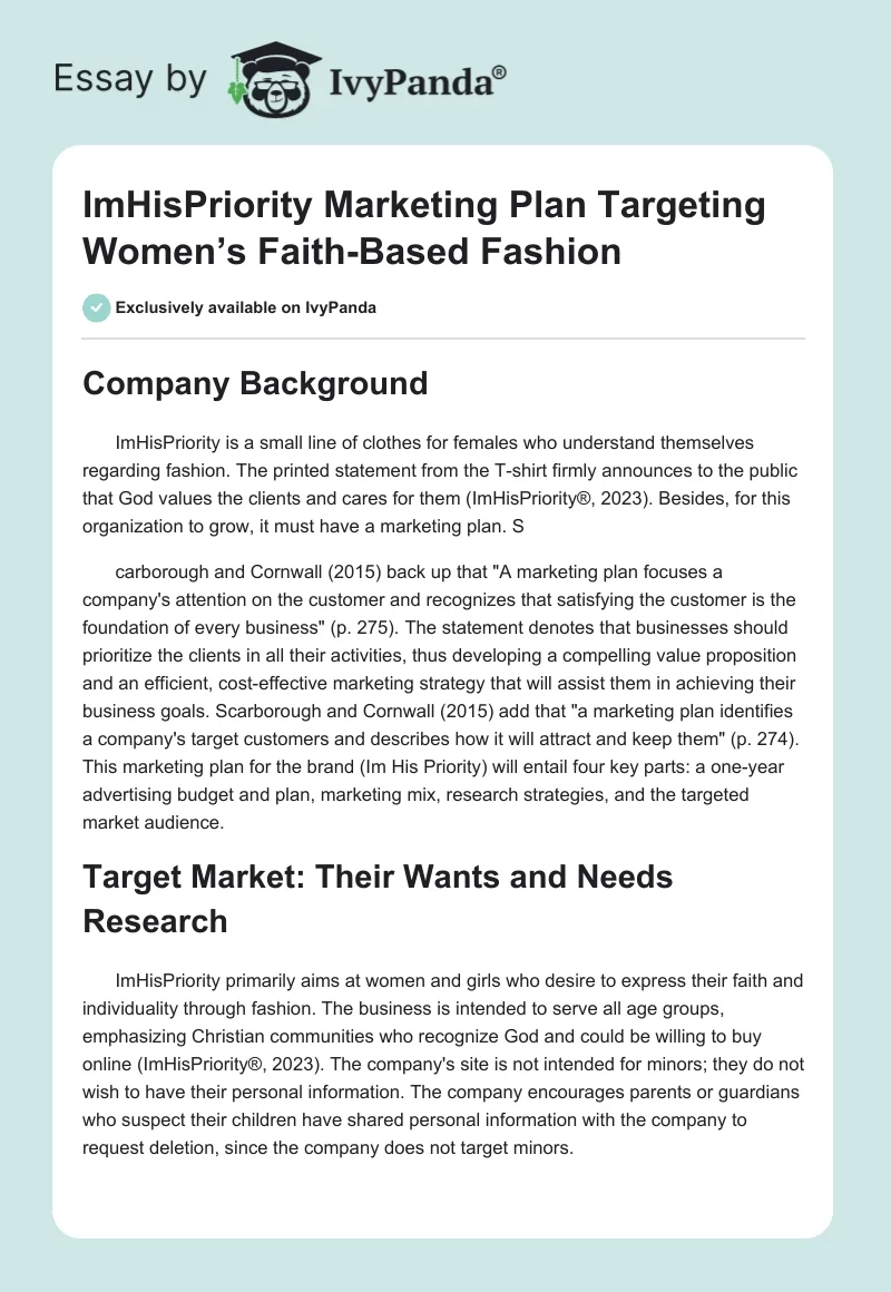 ImHisPriority Marketing Plan Targeting Women’s Faith-Based Fashion. Page 1