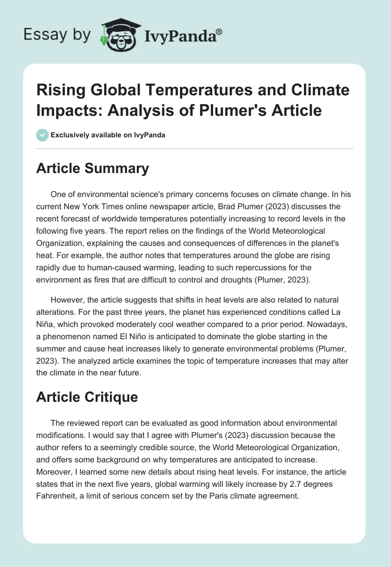 Rising Global Temperatures and Climate Impacts: Analysis of Plumer's Article. Page 1
