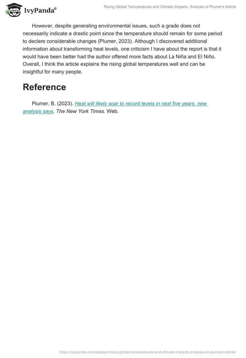 Rising Global Temperatures and Climate Impacts: Analysis of Plumer's Article. Page 2