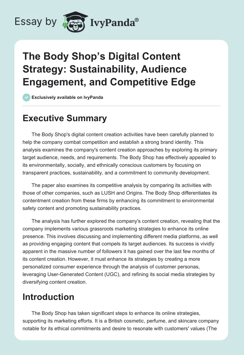 The Body Shop’s Digital Content Strategy: Sustainability, Audience Engagement, and Competitive Edge. Page 1