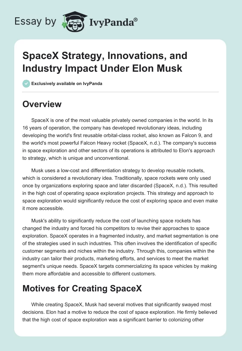 SpaceX Strategy, Innovations, and Industry Impact Under Elon Musk. Page 1