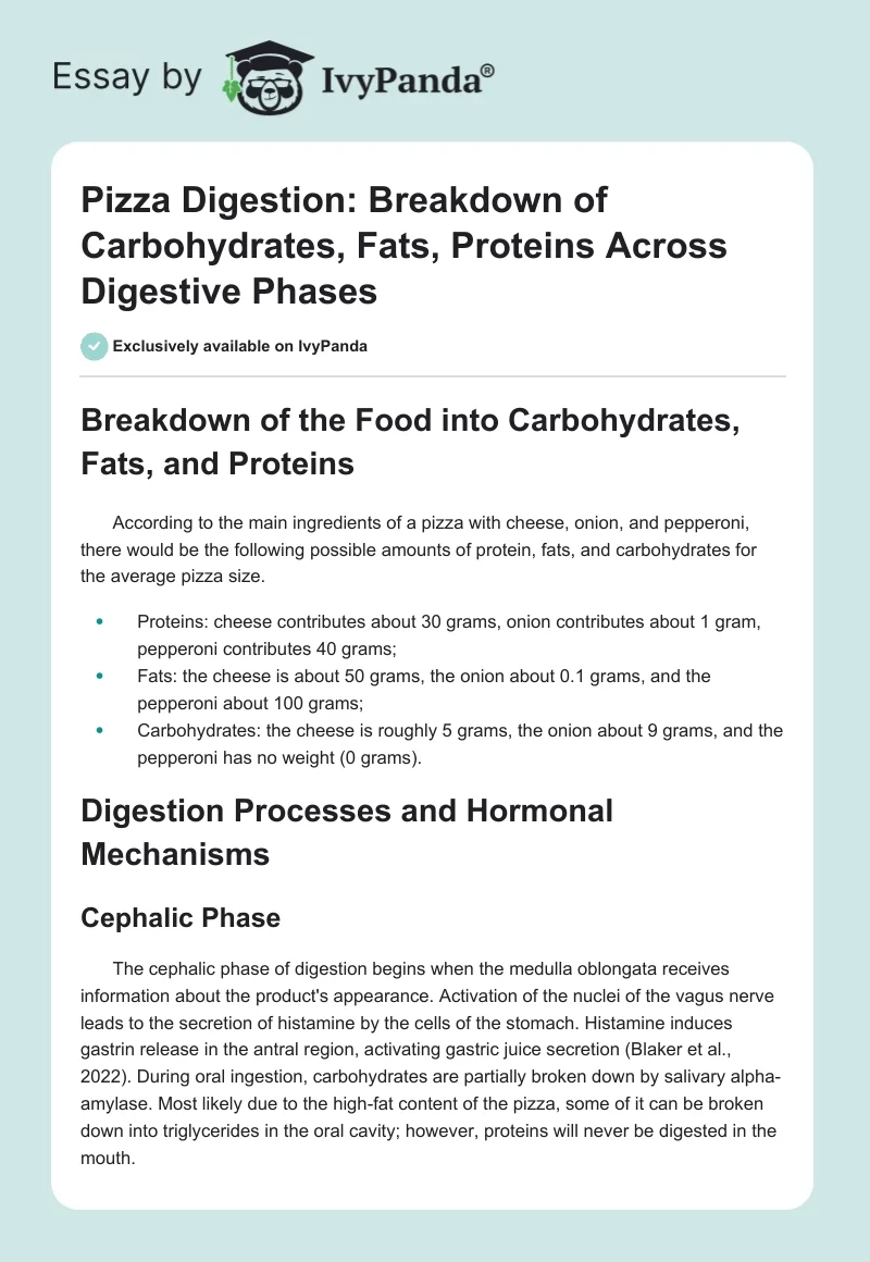 Pizza Digestion: Breakdown of Carbohydrates, Fats, Proteins Across Digestive Phases. Page 1
