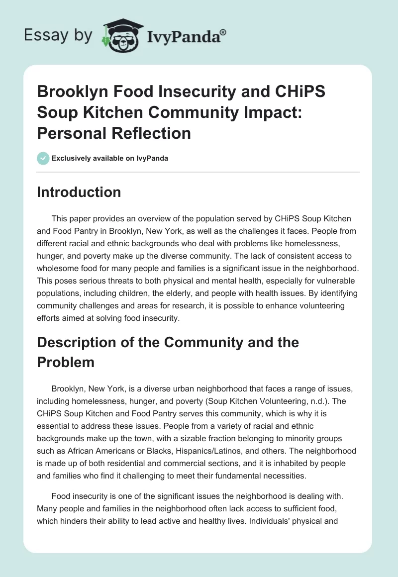 Brooklyn Food Insecurity and CHiPS Soup Kitchen Community Impact: Personal Reflection. Page 1