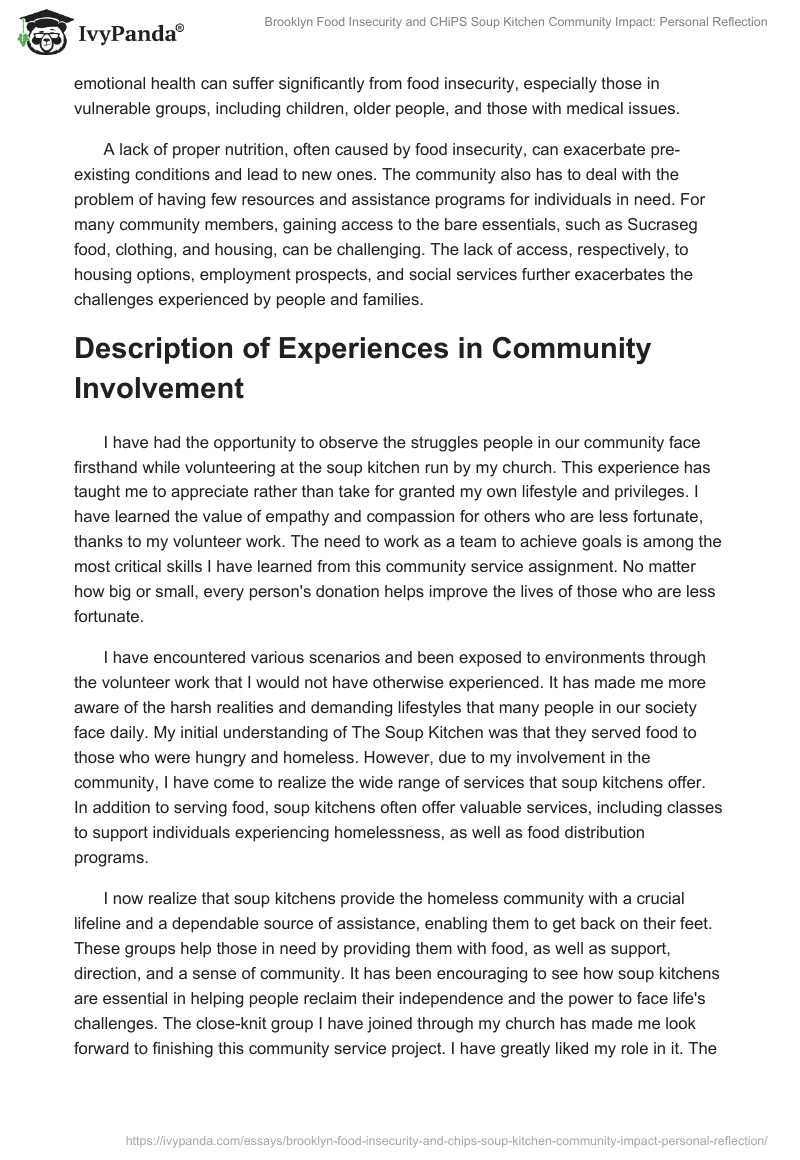 Brooklyn Food Insecurity and CHiPS Soup Kitchen Community Impact: Personal Reflection. Page 2