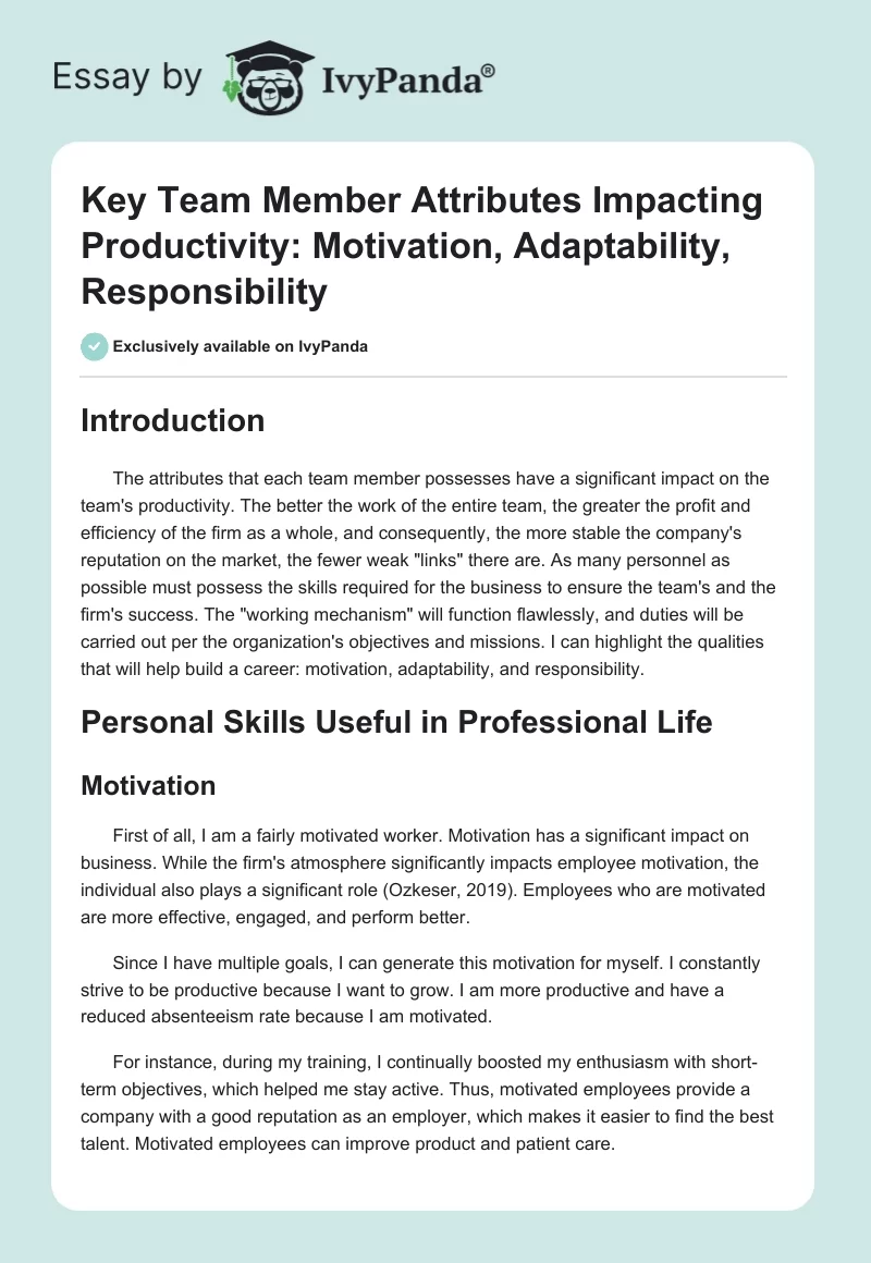 Key Team Member Attributes Impacting Productivity: Motivation, Adaptability, Responsibility. Page 1