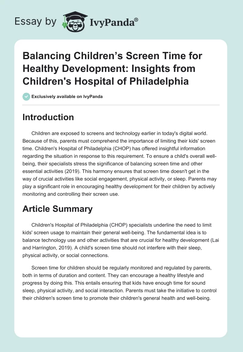 Balancing Children’s Screen Time for Healthy Development: Insights from Children's Hospital of Philadelphia. Page 1