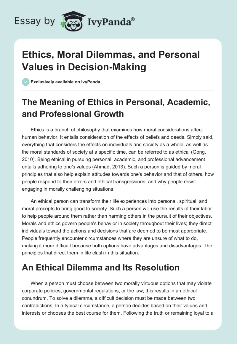 Ethics, Moral Dilemmas, and Personal Values in Decision-Making. Page 1