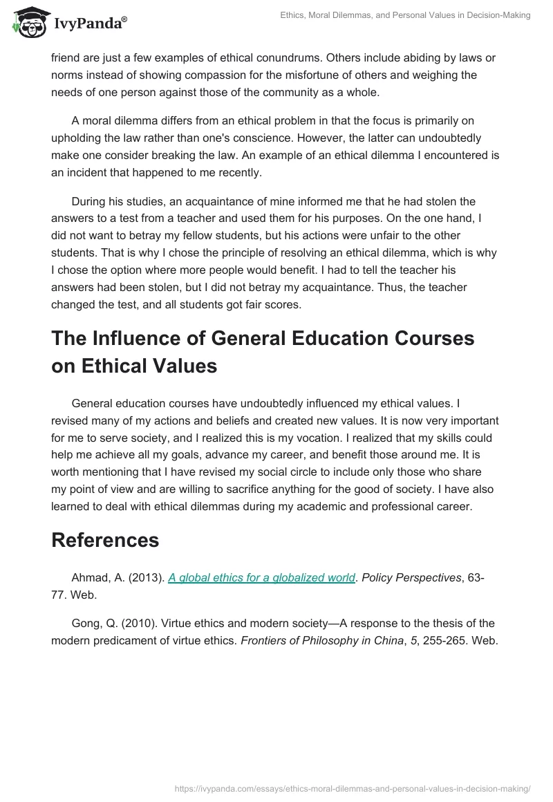 Ethics, Moral Dilemmas, and Personal Values in Decision-Making. Page 2
