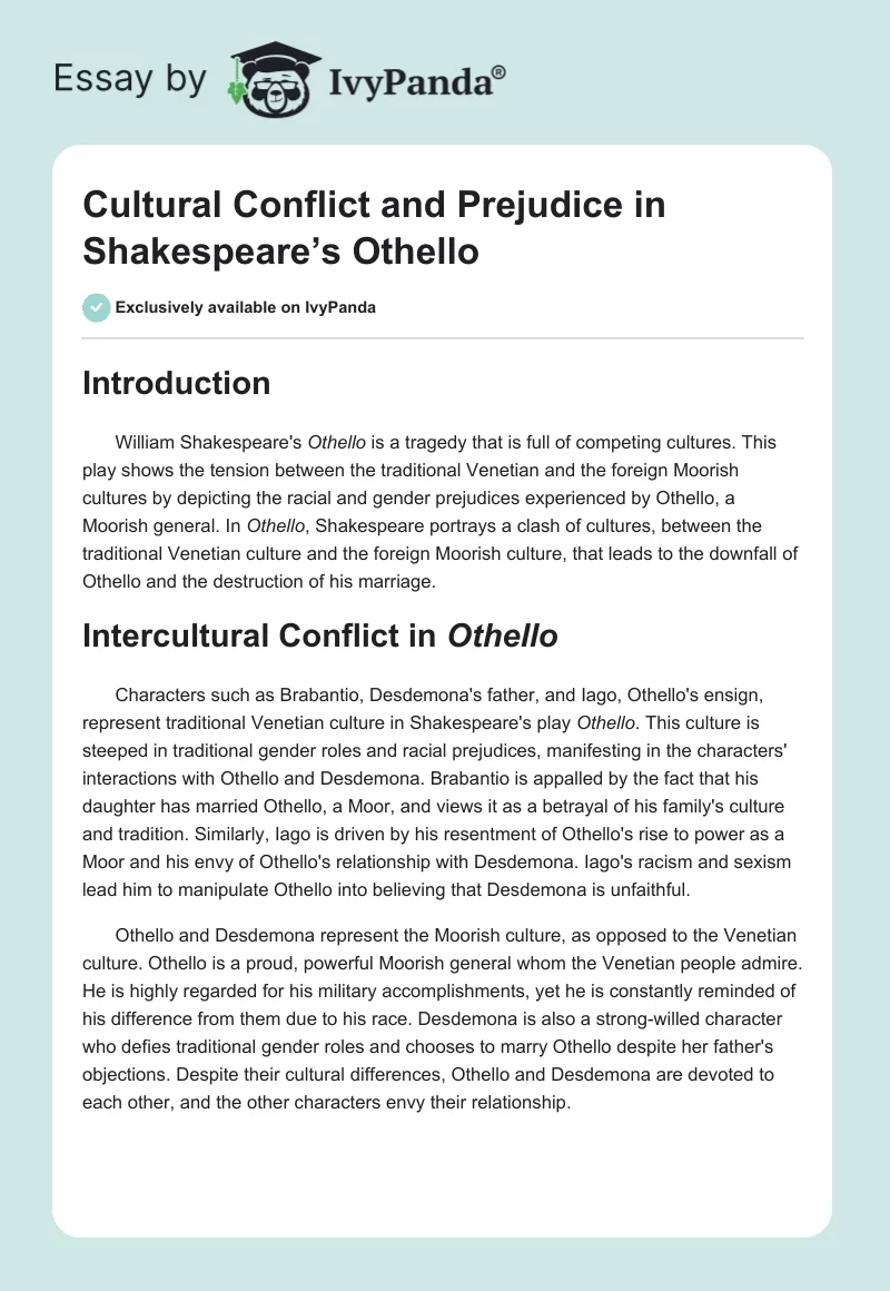 Cultural Conflict and Prejudice in Shakespeare’s Othello. Page 1