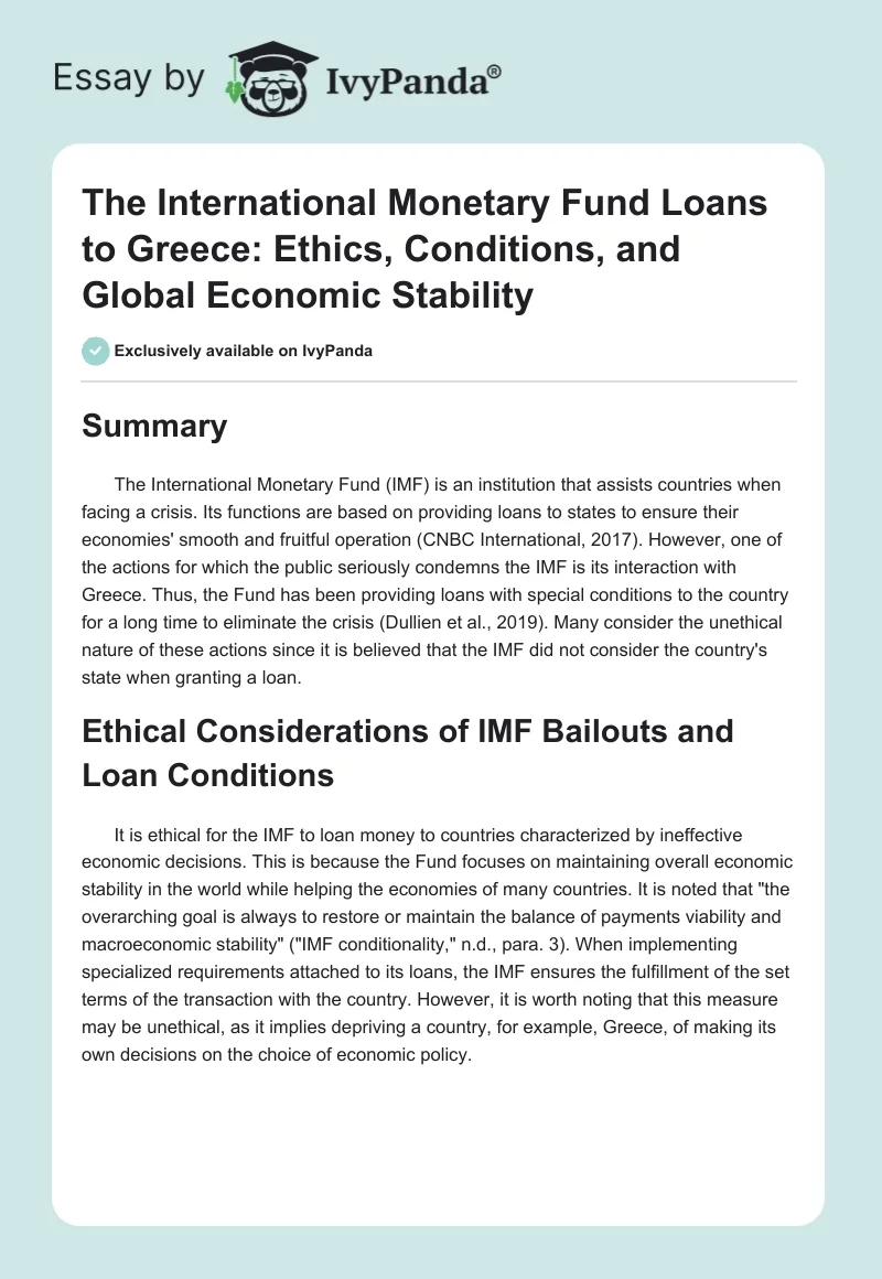 The International Monetary Fund Loans to Greece: Ethics, Conditions, and Global Economic Stability. Page 1