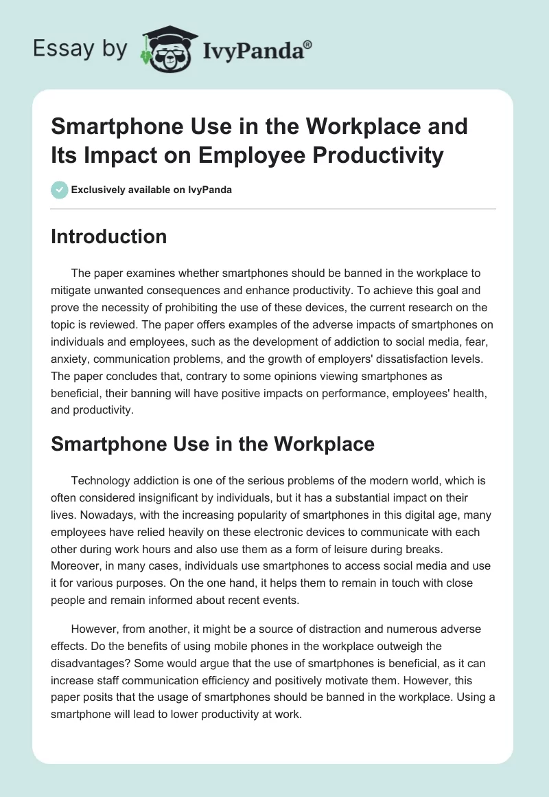 Smartphone Use in the Workplace and Its Impact on Employee Productivity. Page 1
