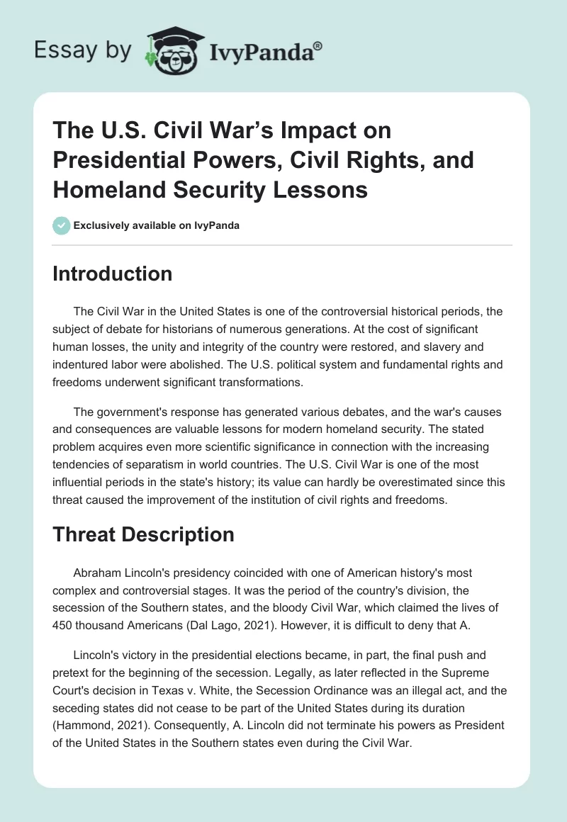 The U.S. Civil War’s Impact on Presidential Powers, Civil Rights, and Homeland Security Lessons. Page 1