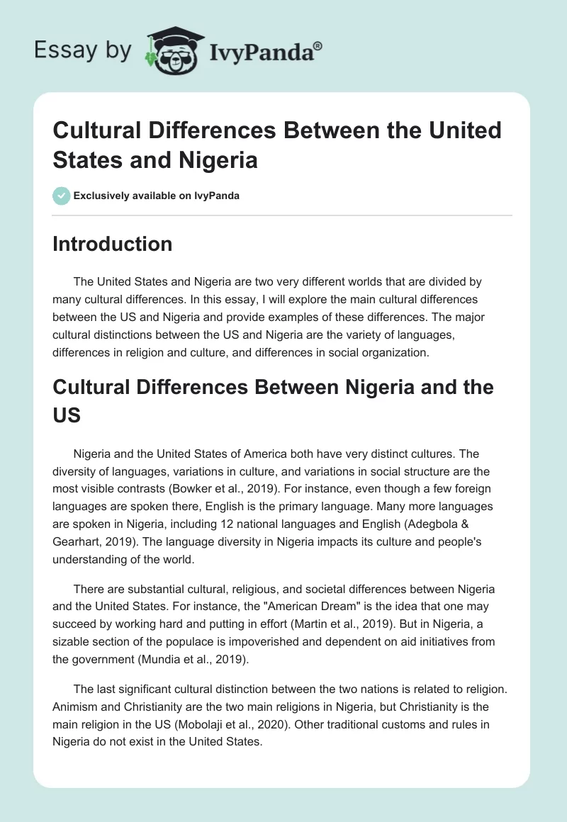 Cultural Differences Between the United States and Nigeria. Page 1