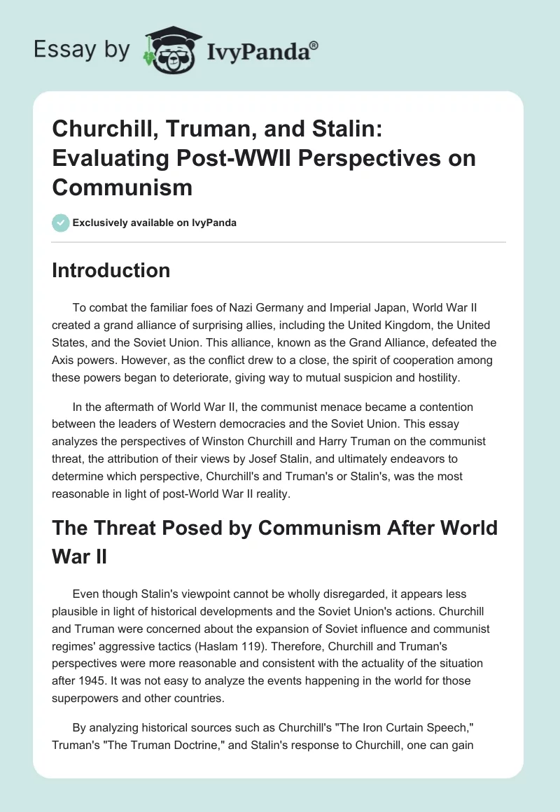 Churchill, Truman, and Stalin: Evaluating Post-WWII Perspectives on Communism. Page 1