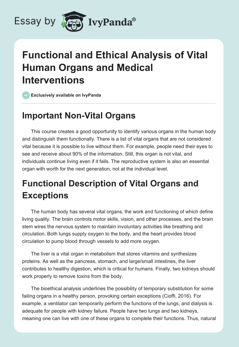 Functional and Ethical Analysis of Vital Human Organs and Medical Interventions. Page 1