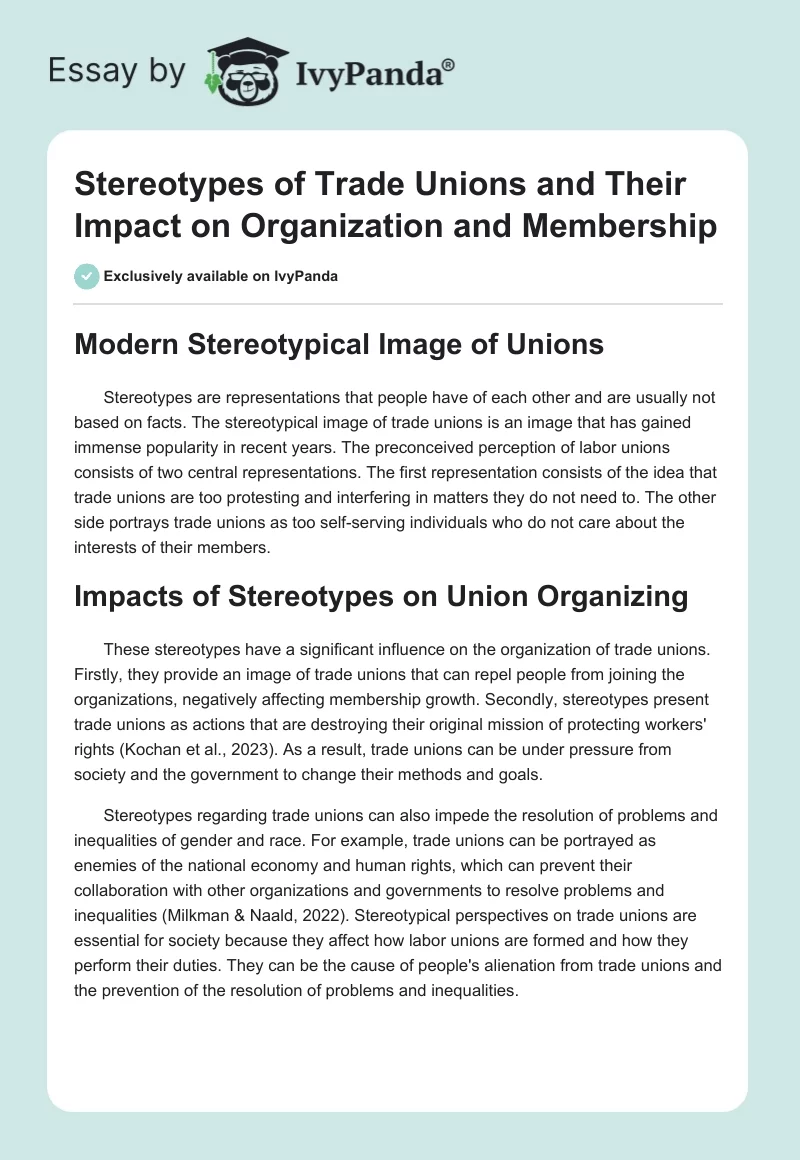 Stereotypes of Trade Unions and Their Impact on Organization and Membership. Page 1