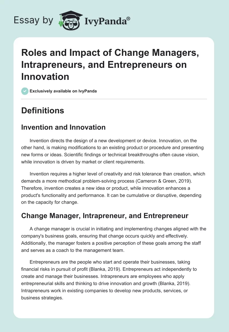 Roles and Impact of Change Managers, Intrapreneurs, and Entrepreneurs on Innovation. Page 1