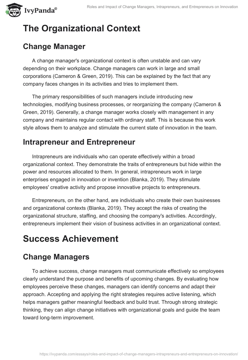 Roles and Impact of Change Managers, Intrapreneurs, and Entrepreneurs on Innovation. Page 2
