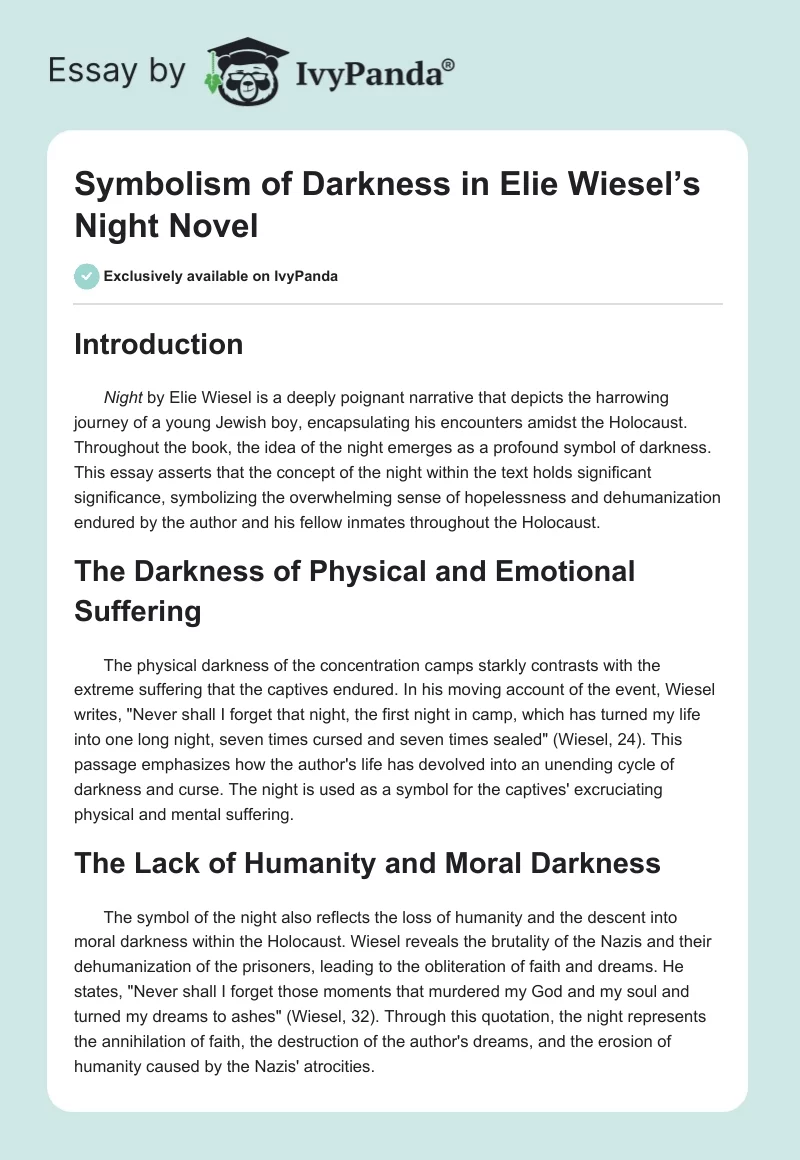 Symbolism of Darkness in Elie Wiesel’s Night Novel. Page 1