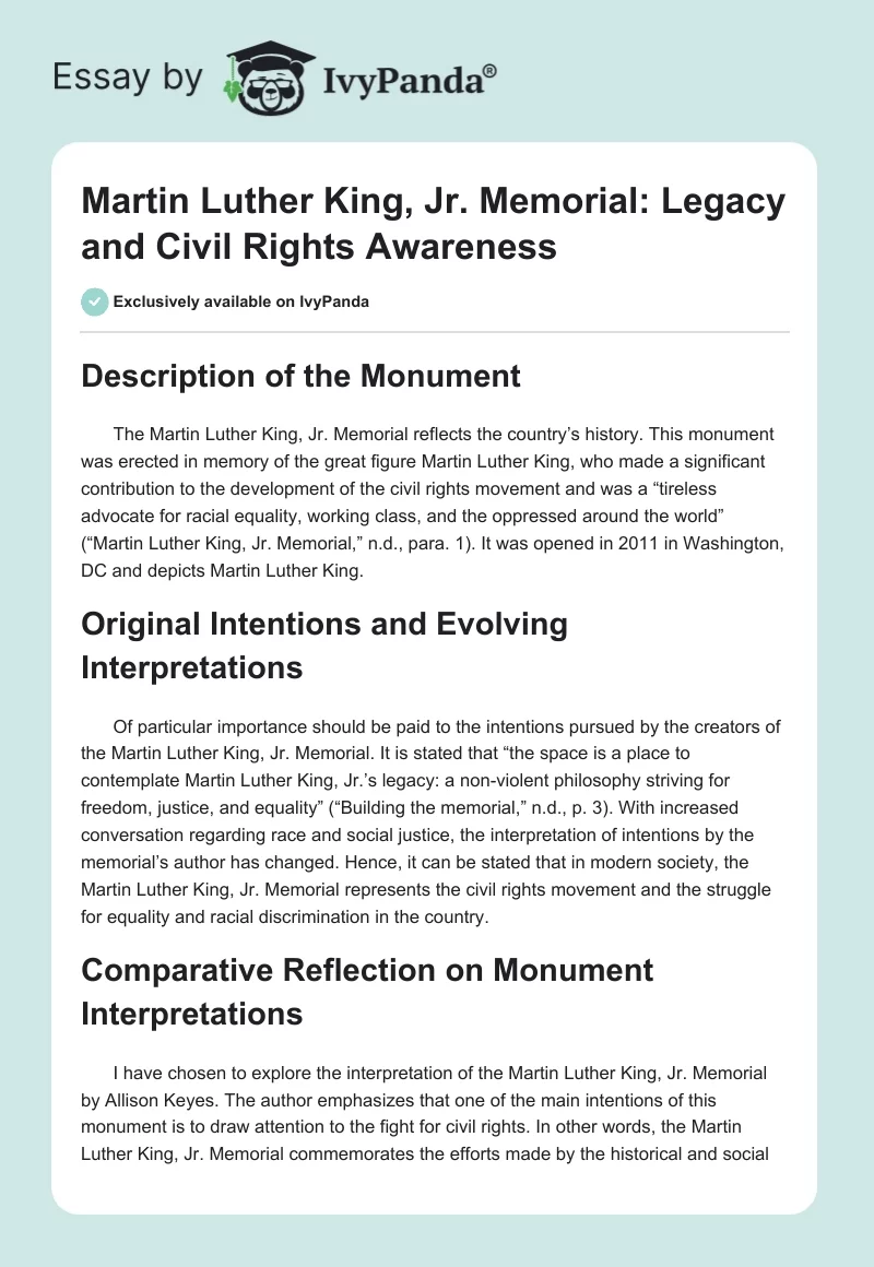Martin Luther King, Jr. Memorial: Legacy and Civil Rights Awareness. Page 1