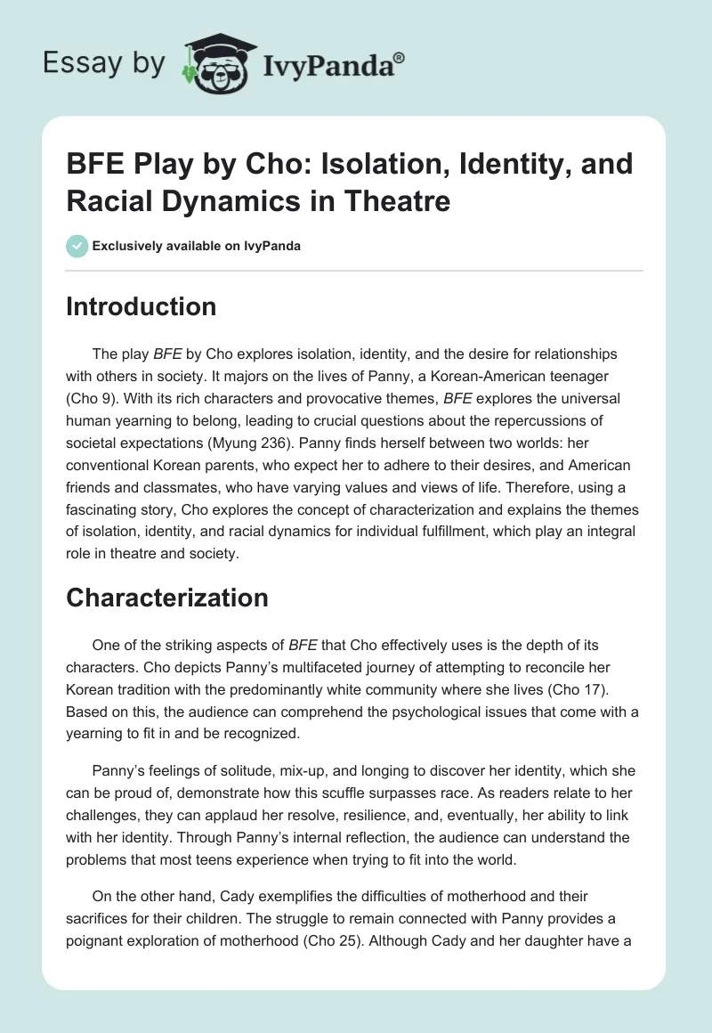 BFE Play by Cho: Isolation, Identity, and Racial Dynamics in Theatre. Page 1