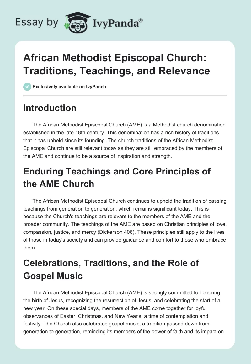 African Methodist Episcopal Church: Traditions, Teachings, and Relevance. Page 1