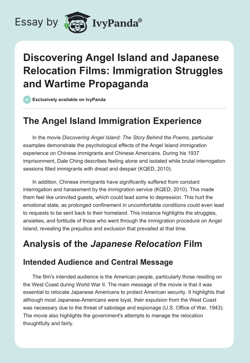 Discovering Angel Island and Japanese Relocation Films: Immigration Struggles and Wartime Propaganda. Page 1