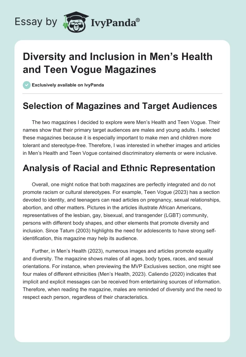 Diversity and Inclusion in Men’s Health and Teen Vogue Magazines. Page 1