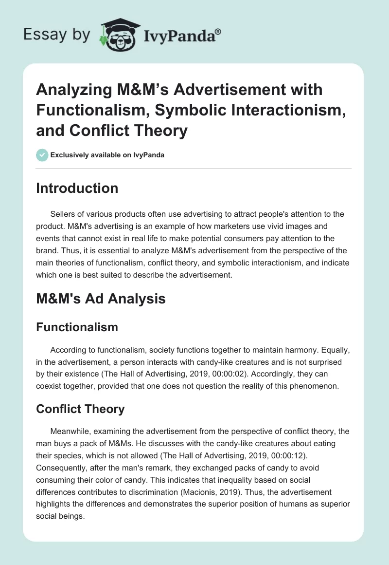 Analyzing M&M’s Advertisement with Functionalism, Symbolic Interactionism, and Conflict Theory. Page 1