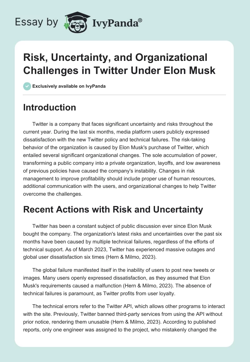 Risk, Uncertainty, and Organizational Challenges in Twitter Under Elon Musk. Page 1
