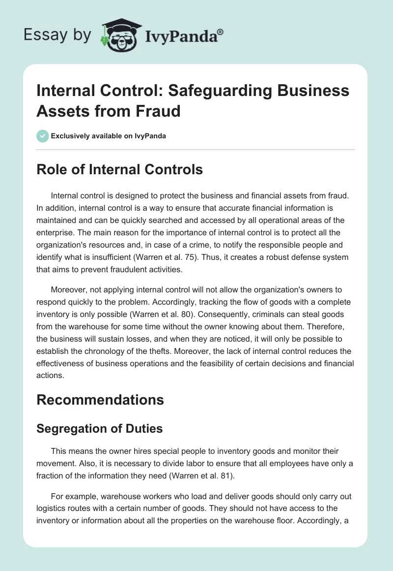 Internal Control: Safeguarding Business Assets from Fraud. Page 1
