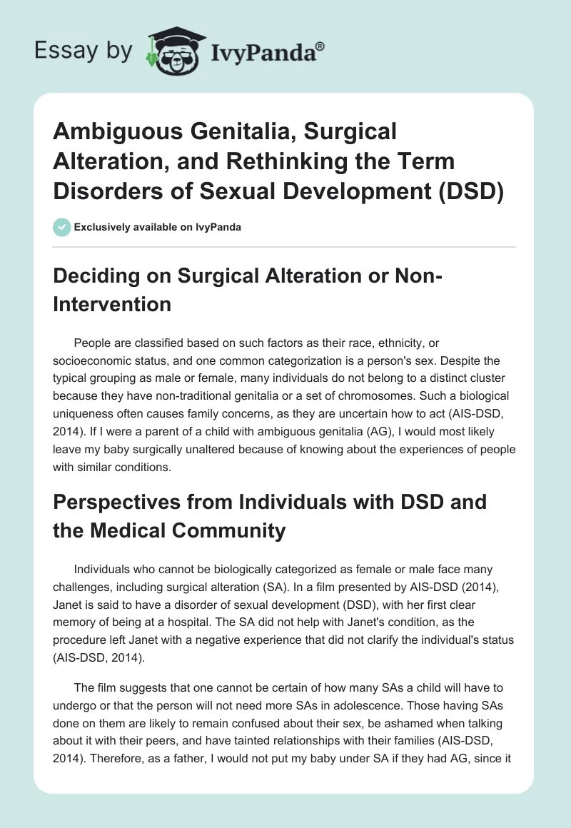 Ambiguous Genitalia, Surgical Alteration, and Rethinking the Term Disorders of Sexual Development (DSD). Page 1