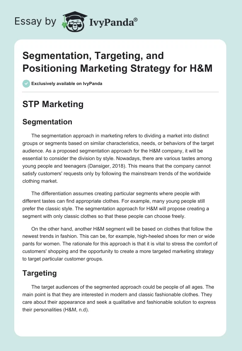 Segmentation, Targeting, and Positioning Marketing Strategy for H&M. Page 1